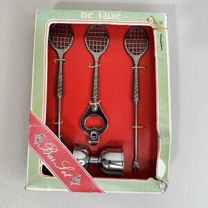 De Luxe Bar Set Tennis Racquet Bottle Opener Condiment Stick Spoon Peg Measure